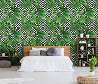 Флизелиновые фотообои в стиле модерн 312x219 см Зеленые листья на фоне черно-белой плитки (11229VEXXL) +клей