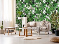 Флизелиновые фотообои абстракция 416x290 см Зеленые листья на фоне черно-белой плитки (11229VEXXXXL) +клей