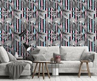 Абстрактні флізелінові фотошпалери 416x254 см Листя на фоні різнокольорових ліній (11230VEXXXL) +клей