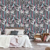 Флизелиновые фотообои абстрактные 368x280 см Листья на фоне разноцветных линий (11230V10) +клей