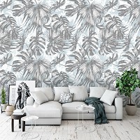Флизелиновые фотообои абстракция в интерьере 312x219 см Тропические листья на светлом фоне (11238VEXXL) +клей