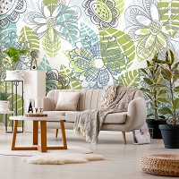 Флизелиновые фотообои в спальню над кроватью цветы 312x219 см Разноцветные листья на светлом фоне (11279VEXXL) +клей