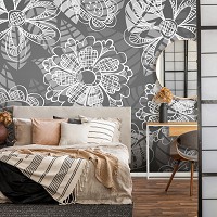 Флизелиновые фотообои в зал цветы 460x300 см Черно-белые листья на темном фоне (11280V12) +клей