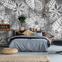 Флизелиновые фотообои на кухню цветы 520x318 см Черно-белые листья на темном фоне (11280VEXXXXXL) +клей