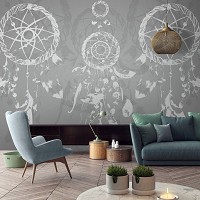 Флизелиновые фотообои перья 416x290 см Изображения белого ловца снов на сером фоне (11282VEXXXXL) +клей