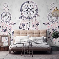 Флизелиновые фотообои перья 416x254 см Изображения темно розового ловца снов на сером фоне (11283VEXXXL) +клей