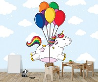 Флизелиновые фотообои в детскую комнату 368x280 см Белый единорог на воздушных шарах (11330V10) +клей