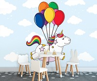 Флизелиновые фотообои на всю стену детские для маленьких 460x300 см Белый единорог на воздушных шарах (11330V12) +клей