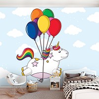 Флизелиновые фотообои детские для маленьких 312x219 см Белый единорог на воздушных шарах (11330VEXXL) +клей
