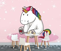 Флизелиновые фотообои в детскую 416x290 см Милый единорог на розовом фоне в звездочках (11332VEXXXXL) +клей