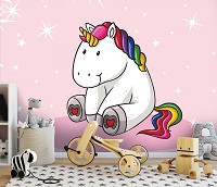 Флизелиновые фотообои в детскую 368x280 см Милый единорог на розовом фоне в звездочках (11332V10) +клей