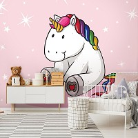 Флізелінові фотошпалери дитячі для маленьких 368x254 см Милий єдиноріг на рожевий фон в зірочках (11332V8) +клей