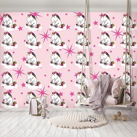 Флізелінові фотошпалери красиві дитячі для маленьких 368x254 см Однороги на рожевий фон з яскравими зірочками (11333V8) +клей