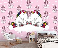 Флизелиновые фотообои детские 460x300 см Два единорога на облаке на розовом фоне (11335V12) +клей