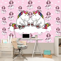 Оригинальные флизелиновые фотообои в детскую 416x290 см Два единорога на облаке на розовом фоне (11335VEXXXXL) +клей