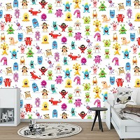 Флизелиновые детские фотообои на тему космос 368x280 см Милые разноцветные монстрики на светлом фоне (11336V10) +клей