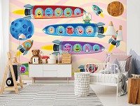 Флизелиновые детские фотообои космос на стену 460x300 см Космические корабли с пассажирами на светлом фоне (11338V12) +клей