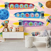 Флизелиновые фотообои в детскую комнату 416x290 см Космические корабли с пассажирами на светлом фоне (11338VEXXXXL) +клей