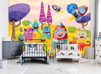 Флизелиновые детские фотообои на стену космос 368x280 см Высадка на планету веселых монстриков (11339V10) +клей