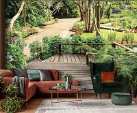 Флизелиновые 3д фотообои на стену 368x280 см Пейзаж уютного зеленого сада (11358V10) +клей