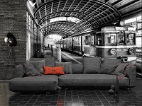 Флизелиновые красивые 3д фото обои города 254x184 см  Черно-белый поезд (11383V4)+клей