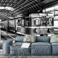 Комната с флизелиновыми фотообоями город 416x290 см Черно-белый поезд прибыл в депо (11383VEXXXXL) +клей