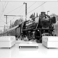 Красивые флизелиновые фотообои 3д поезд 416x290 см Черно-белый паровоз в пути (11385VEXXXXL) +клей