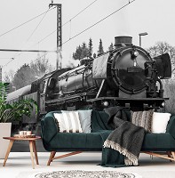 3д поезд флизелиновые фотообои 416x254 см Черно-белый паровоз в пути (11385VEXXXL) +клей