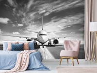 Флизелиновые фотообои красивые 368x280 см Черно-белый самолет готовиться ко взлету (11386V10) +клей