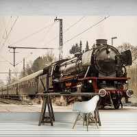 Флізелінові фотошпалери 3д потяг 368x280 см Чорний паровоз у дорозі (11388V10) +клей