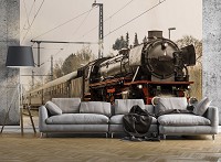 3д потяг флізелінові фотошпалери 368x254 см Чорний паровоз у дорозі (11388V8) +клей