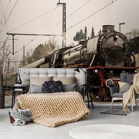 3д поезд флизелиновые фотообои 416x254 см Черный паровоз в пути (11388VEXXXL) +клей