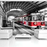 Флизелиновые 3д фотообои город 416x254 см Черно-красный поезд прибивает в депо (11392VEXXXL) +клей