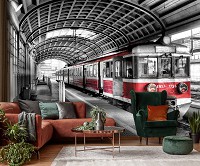 Флизелиновые 3д фотообои в спальню над кроватью 520x318 см Черно-красный поезд прибивает в депо (11392VEXXXXXL) +клей