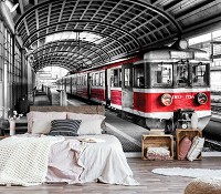 Флизелиновые 3д фотообои города фото 460x300 см Черно-красный поезд прибивает в депо (11392V12) +клей