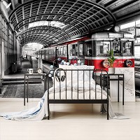 Флизелиновые 3д фотообои город на стену 368x254 см Черно-красный поезд прибивает в депо (11392V8) +клей