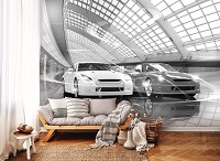 3д машини флізелінові фотошпалери 520x318 см Чорно-білі спорт-кари в гаражі (11394VEXXXXXL) +клей