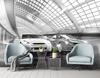 Флизелиновые фотообои автомобили 3д машины 368x280 см Черно-белые спорт-кары в гараже (11394V10) +клей