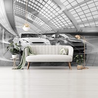 Флизелиновые фотообои автомобили на стену 3д машины 460x300 см Черно-белые спорт-кары в гараже (11394V12) +клей