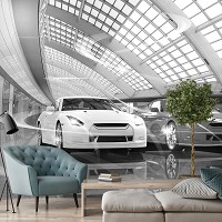 Авто флизелиновые фотообои 3д машины 312x219 см Черно-белые спорт-кары в гараже (11394VEXXL) +клей
