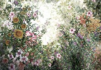 Флизелиновые фотообои в гостиную природа 416x254 см Зеленый цветущий сад на светлом фоне (11396VEXXXL) +клей - вид 1 миниатюра
