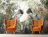 Флизелиновые фотообои в гостиную природа 416x254 см Зеленый цветущий сад на светлом фоне (11396VEXXXL) +клей