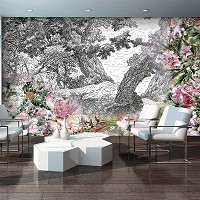 Природа флизелиновые фотообои 368x254 см Яркие цветы на фоне черно-белого леса (11397V8) +клей