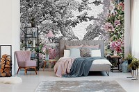 Флизелиновые фотообои растения 312x219 см Яркие цветы на фоне черно-белого леса (11397VEXXL) +клей