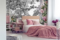 Флизелиновые фотообои природа 416x290 см Яркие цветы на фоне черно-белого леса (11397VEXXXXL) +клей