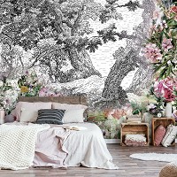 Красивая природа флизелиновые фотообои 368x280 см Яркие цветы на фоне черно-белого леса (11397V10) +клей
