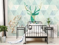 Дикие животные флизелиновые фотообои 312x219 см Абстракция зеленый олень на фоне треугольников (11400VEXXL) +клей