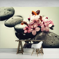 Флизелиновые фото обои 3Д под камень 312x219 см СПА Цветы вишни на камнях (11408VEXXL)+клей