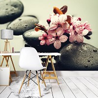 Флизелиновые 3d фото обои природа 254x184 см СПА Цветы вишни на камнях (11408V4)+клей