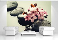 Флизелиновые 3Д фото обои под камень 368x254 см СПА Цветы вишни на камнях (11408V8)+клей